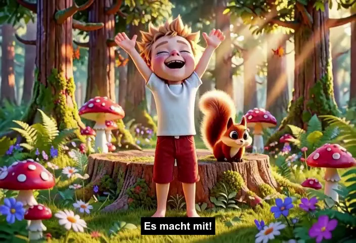 Fin, ein rothaariger Junge, steht im Zauberwald vor einem Baumstumpf, neben ihm ein Eichhörnchen